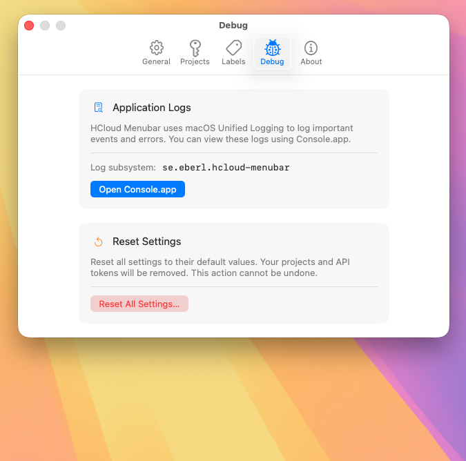 screenshot of HCloudMenubar settings debug