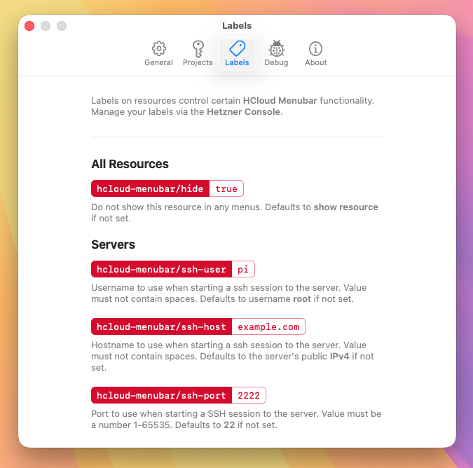 screenshot of HCloudMenubar settings labels