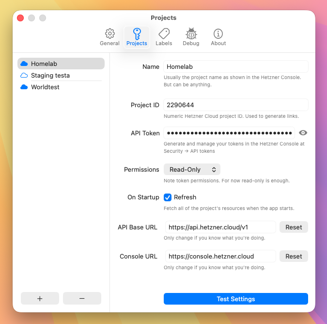 screenshot of HCloudMenubar settings projects